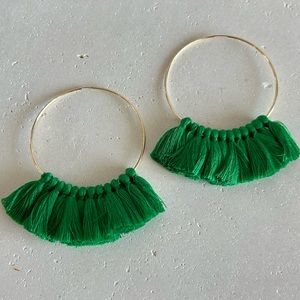 Gold Tone Hoop Tassel Earrings - Green